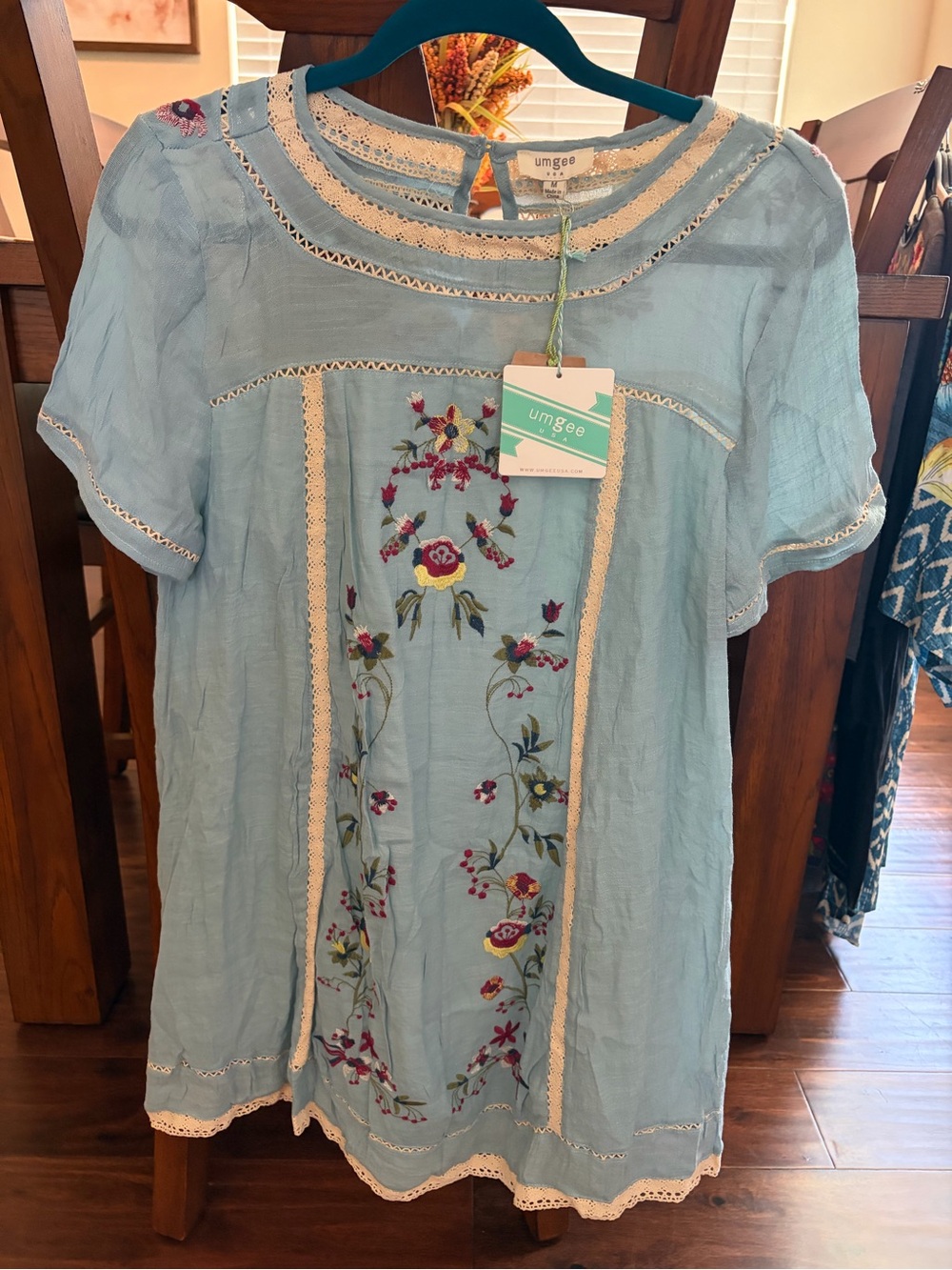 Umgee Sky Blue Embroidered Boho Mini Dress